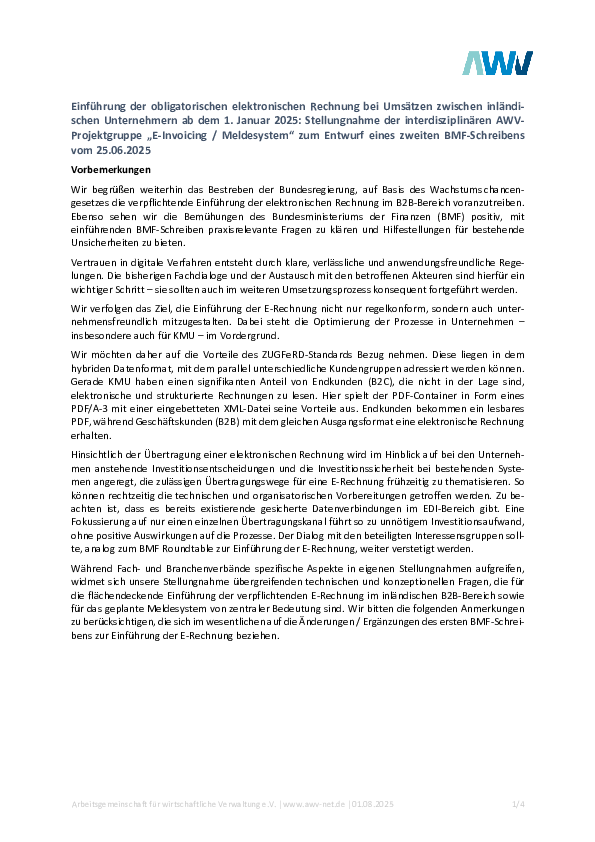 AWV-Projektgruppe „E-Invoicing-Meldesystem“ zum Entwurf eines zweiten BMF-Schreibens vom 25.06.2025